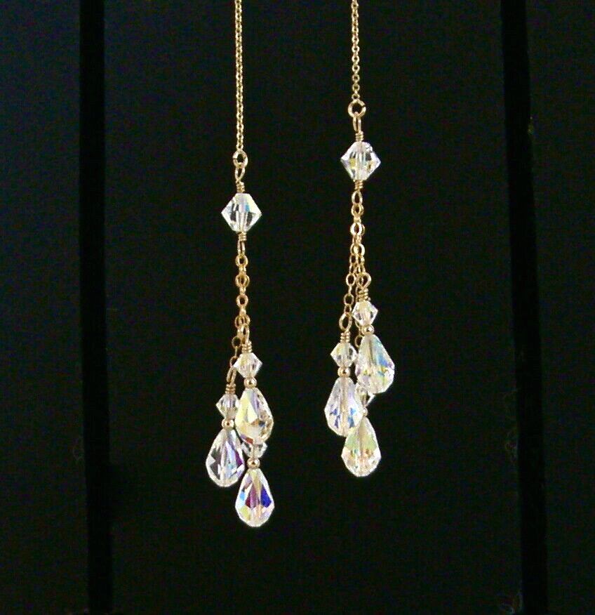 "IAJ" 14k GOLD gf Ear Threader w/SWAROVSKI CRYSTAL AURORA BOREALIS TRIPLE DANGLE