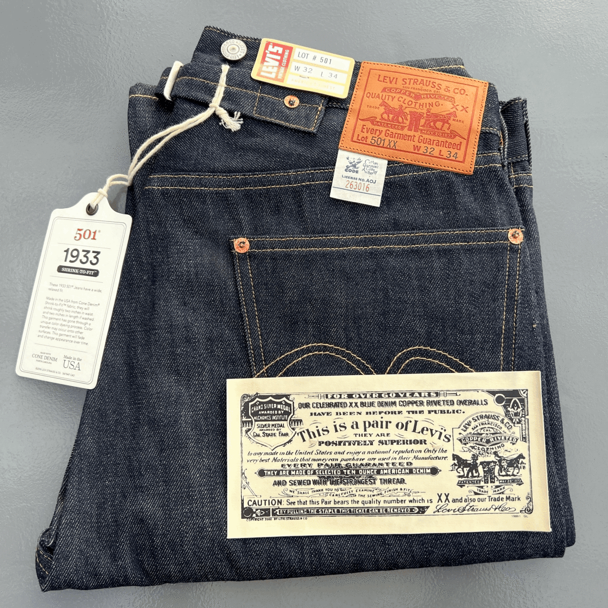 1933 Model LEVI'S 501XX 33501-0048 W32 L34 Rigid Unwashed