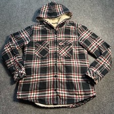 Boston Traders Flannel Jacket Womens Small Blue Plaid Hooded Button Down Pockets