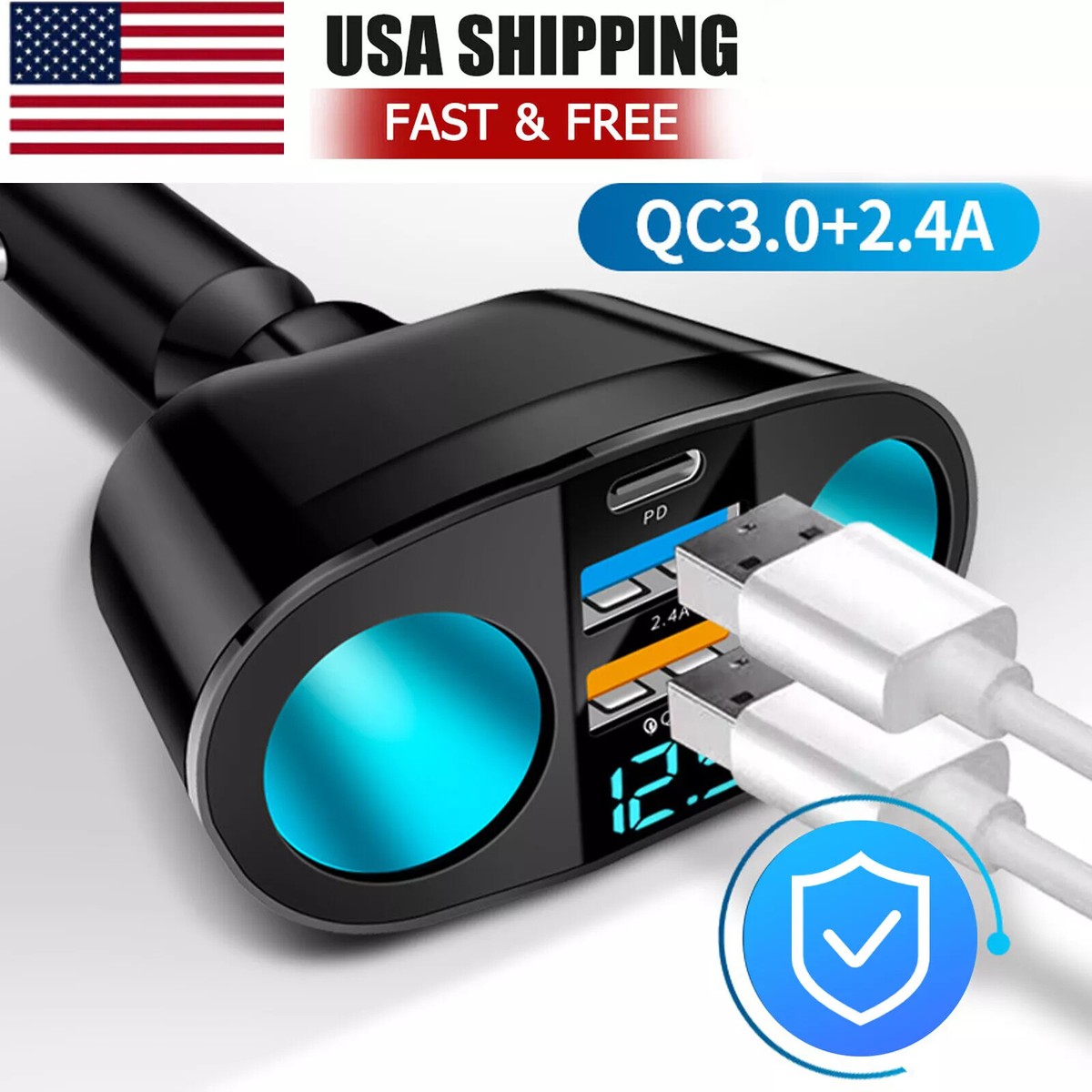 12V Dual USB Car Cigarette Lighter Socket Splitter Power Adapter Charger  Outlet