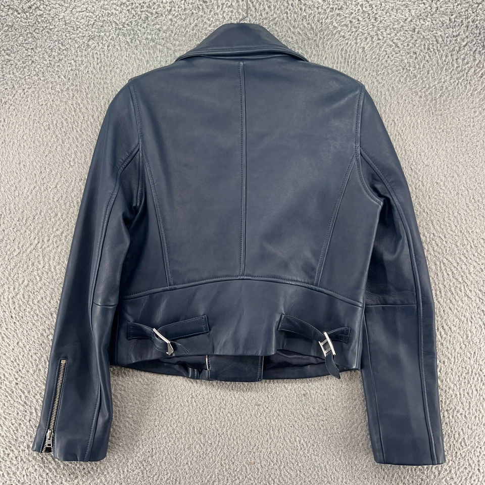 Jaqueta de couro feminina J Crew 4 azul moto motocicleta zíper completo coleção casaco - Imagem 2 de 4