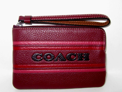 Coach New CH311 Corner Zip Wristlet With Coach Stripe Wine Multi Leather NWT$108