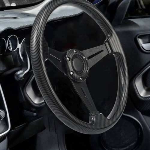 340mm Car Deep Dish Steering Wheel Carbon Fiber Print 6 Bolts Grip w/ Horn Black - Picture 11 of 13