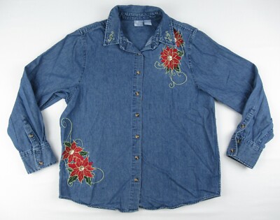 Holiday Editions Women's Denim Poinsettia Gold Sequins Size L