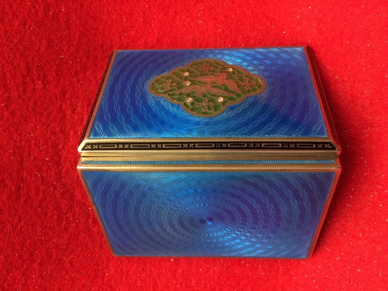 ANTIQUE STERLING SILVER GUILLOCHE ENAMEL PLIQUE A JOUR  CASE BOX WITH DIAMOND !