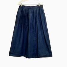 Vtg 80s Skirt A-Line Long Dark Wash Denim Mom S Pleats Elastic Pockets Modest