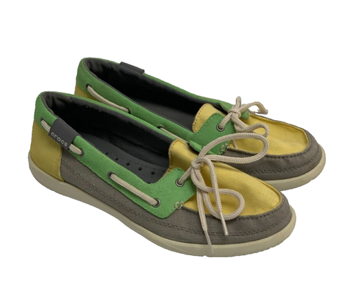 Crocs Walu 200482 Gray Green Yellow Boat Loafer Comfort Shoes Womens 8 Slip On