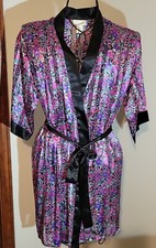 Vtg Inner Most By Sears Short Silky Belted Robe Floral Gold Black Size Med EUC