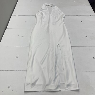 knee length dresses for ladies LYCRA MAXI DRESS WITH HIGH SLIT AND METAL SHELL DECOR WHITE – KOROBEYNIKOV