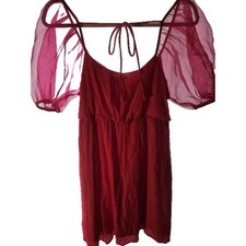Altar’d State Red Babydoll Dress L Gauze Puff Sleeve Boho Flowy Mini