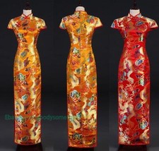 Womenss Retro Qipao Dragon Embroidery Silk Stain Cheongsam Chinese Long Dress