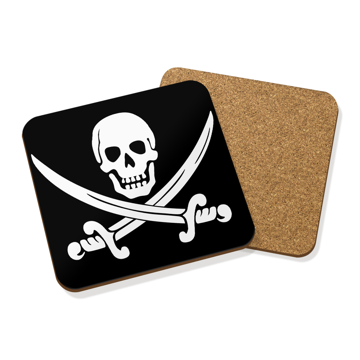 PIRATE SKULL & CROSSBONES DRINKS COASTER MAT HARDBOARD SQUARE SET X4 - Flag Blac