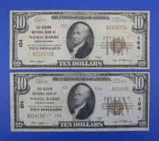 (Juego de 2) 1929 $10 Tipo 1 y Tipo 2 Moneda Nacional Wilkes Barre PA Ch. #104