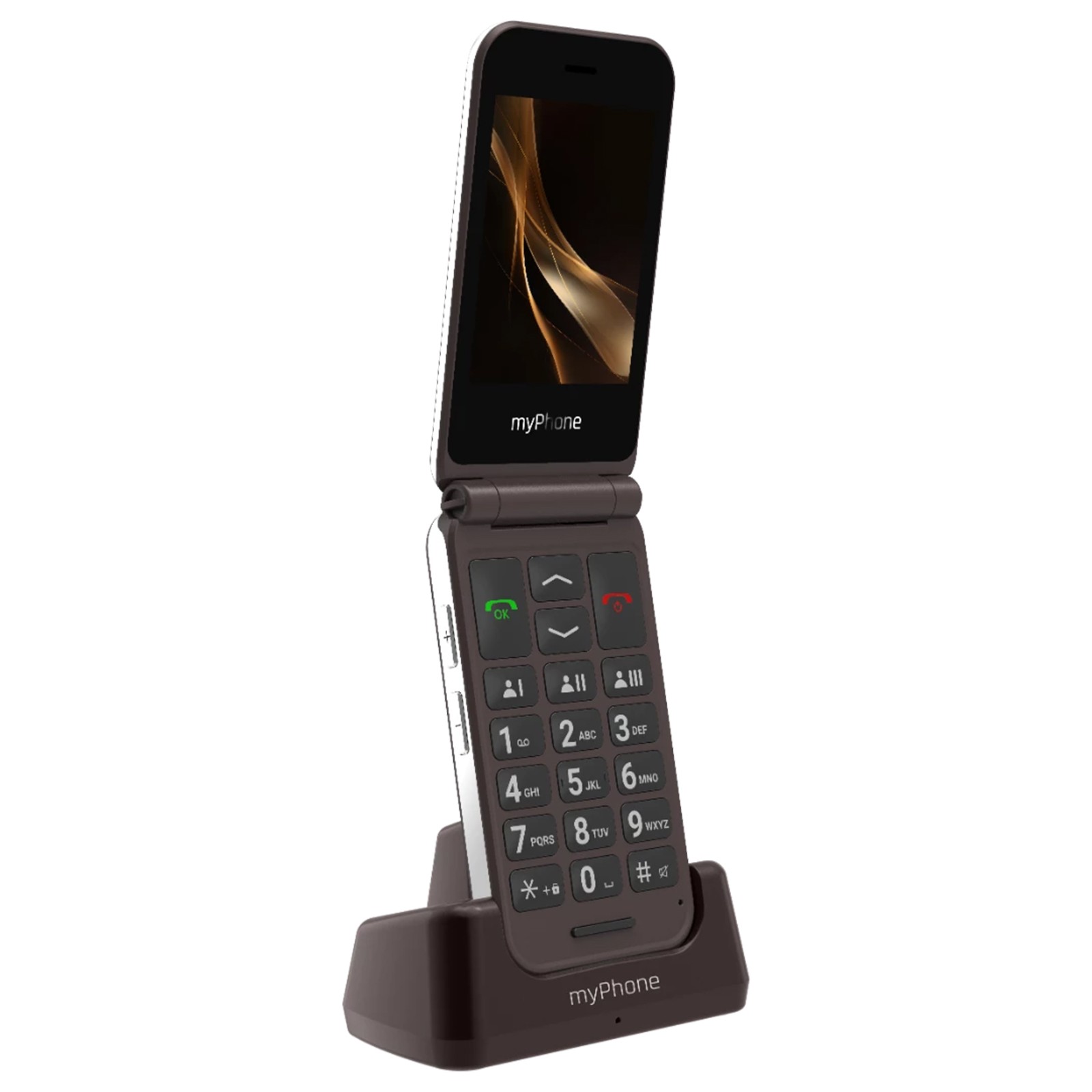 Téléphone pliable senior gros boutons double écran avec station de charge couleur marron