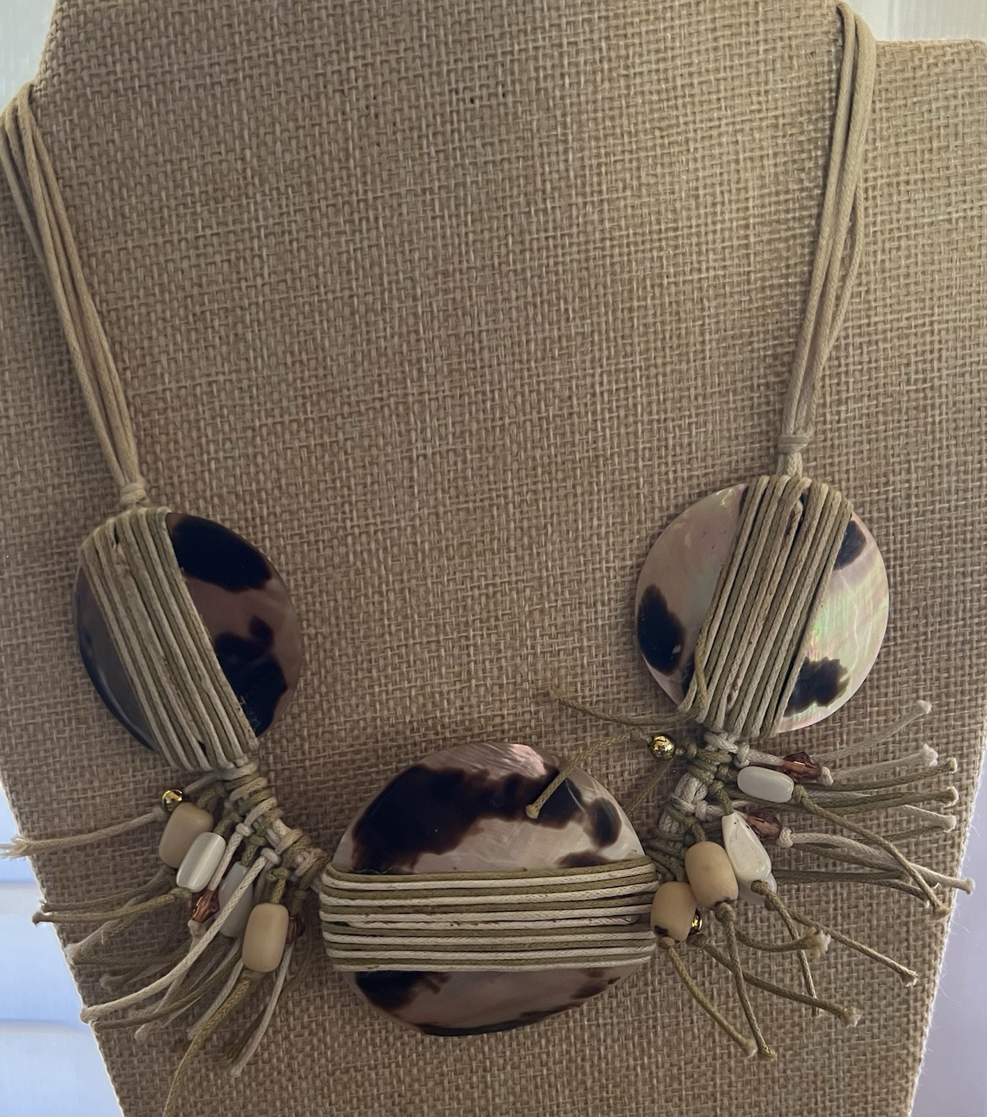 Boho Shell Disc Statement Necklace 20” Neutral Fr… - image 2