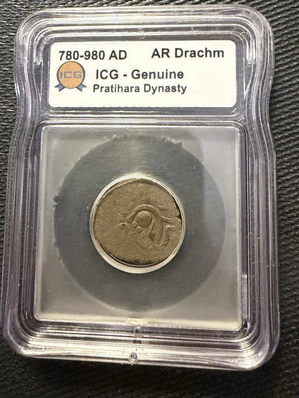 ICG Genuine Silver Drachma Pratihara Dynasty Ancient Coin 780-980 AD