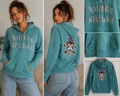 Junky Munky Hoodie Medium Y2K Teal Half Zip Raw Edge Pocket Monkey Skull Gothic