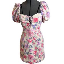 ZARA Floral Lace Up Puff Sleeve Mini Dress Pink Purple Sweetheart XS Cottagecore