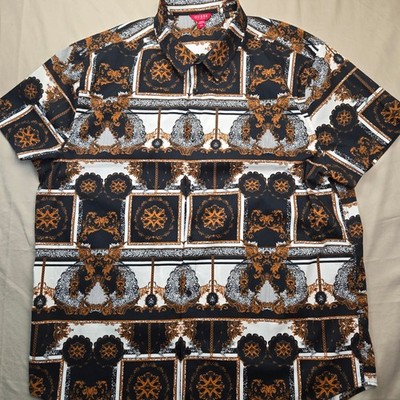 Guess Los Angeles Mens XXL Baroque Chain Print Button Down Shirt Black Gold