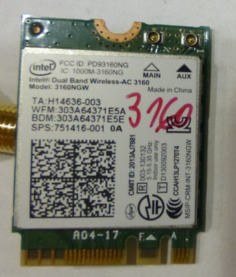 Bundle Dual Band Intel AC 3160 NGW 433 Mbit WLan / BT 4.0 M2 + 2x Kabel-Antenne