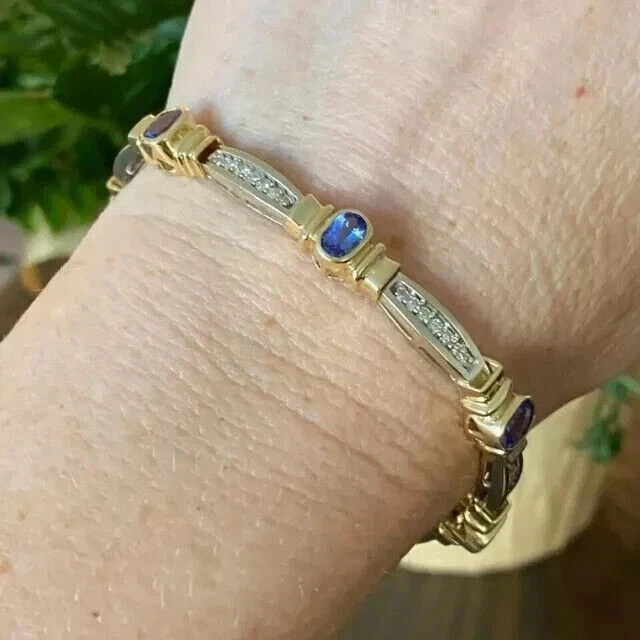 Pulseira de tênis feminina folheada a ouro amarelo 14K lab Created 5CT corte oval safira - Imagem 3 de 4