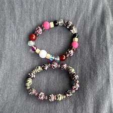 2pc Multicolor Stackable Beaded Stretch Bracelets Round Glass Plastic Beads.