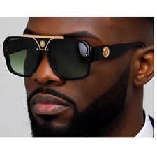 Square Aviator Sunglasses Accents Gold Details Black Frame Fashion Oversized New