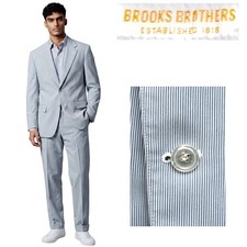 Vintage Brooks Brothers Suit Jacket Pants Blue Stripe Cotton Seersucker 46 37x29