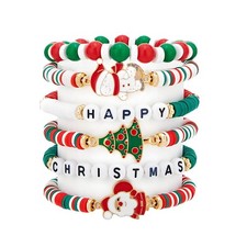 Christmas Bracelets Set Heishi Surfer Polymer Clay Beaded Stacks Stretch Layerin