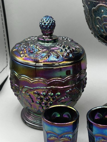 Fenton Persian Medallion AMETHYST Carnival Glass Goblet Chalice 7 Piece Set - Picture 4 of 7