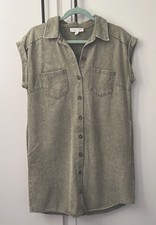 SHE + SKY Green 100% Cotton Denim Shirt Dress S Button Pockets Collared SY1077