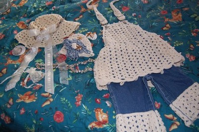 Gorgeous Boutique Custom Heirloom Seashell Beach halter overalls set hats 3T 2T