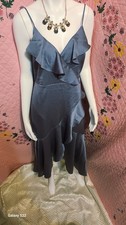 Express Blue Satin Ruffle Zip Midi Dress V-Neck Sleeveless Strappy M