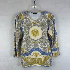 J McLaughlin Catalina Cloth Top Womens M Blue Gold Scroll Stretch Knit