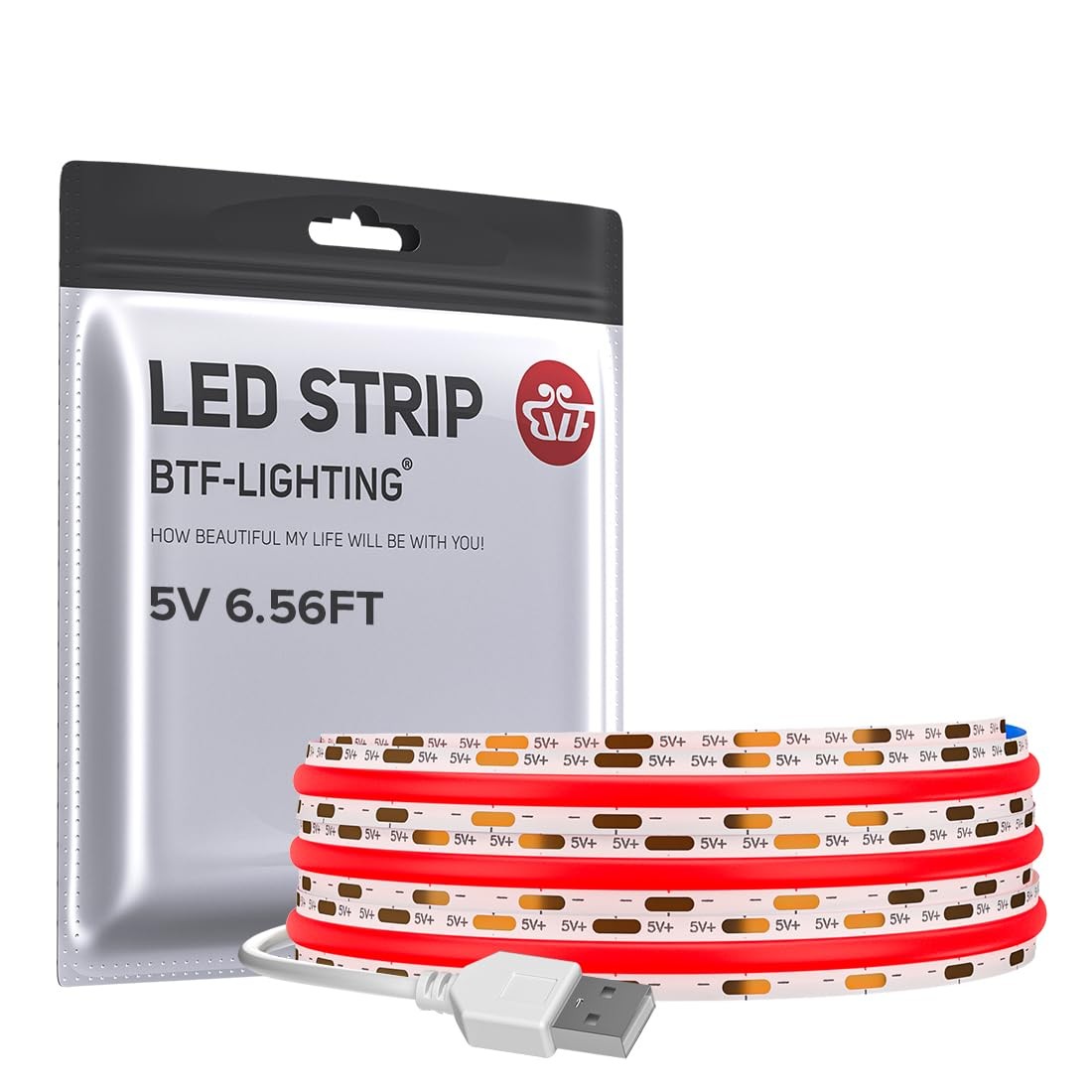 Ruban LED COB rouge 2M 5V USB bande lumineuse flexible 640 LED haute densité