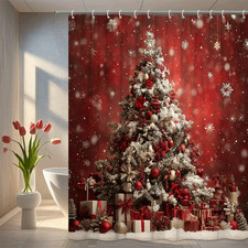 1PC Festive Christmas Tree Shower Curtain, Red Gold Ornaments,Holiday Decor