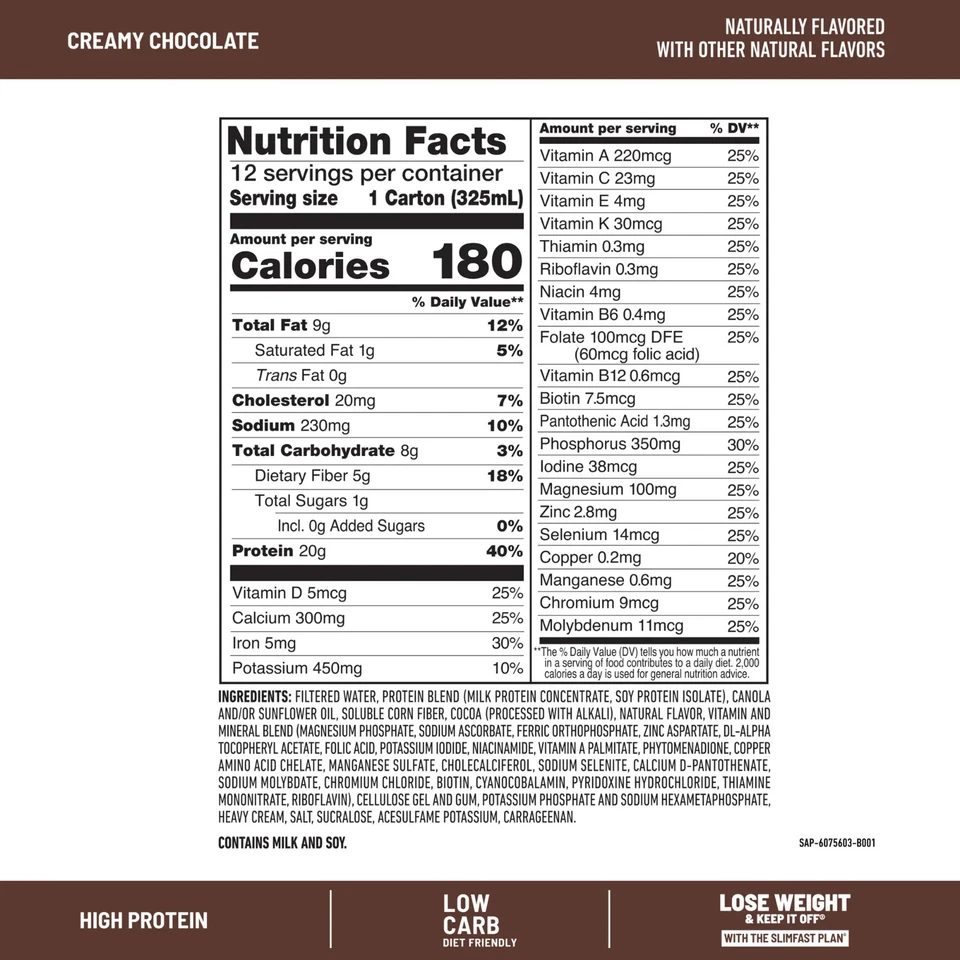 Batido de reemplazo de comidas SlimFast High Protein 20 g chocolate cremoso 11 oz, 12 quilates Foto 2 de 4