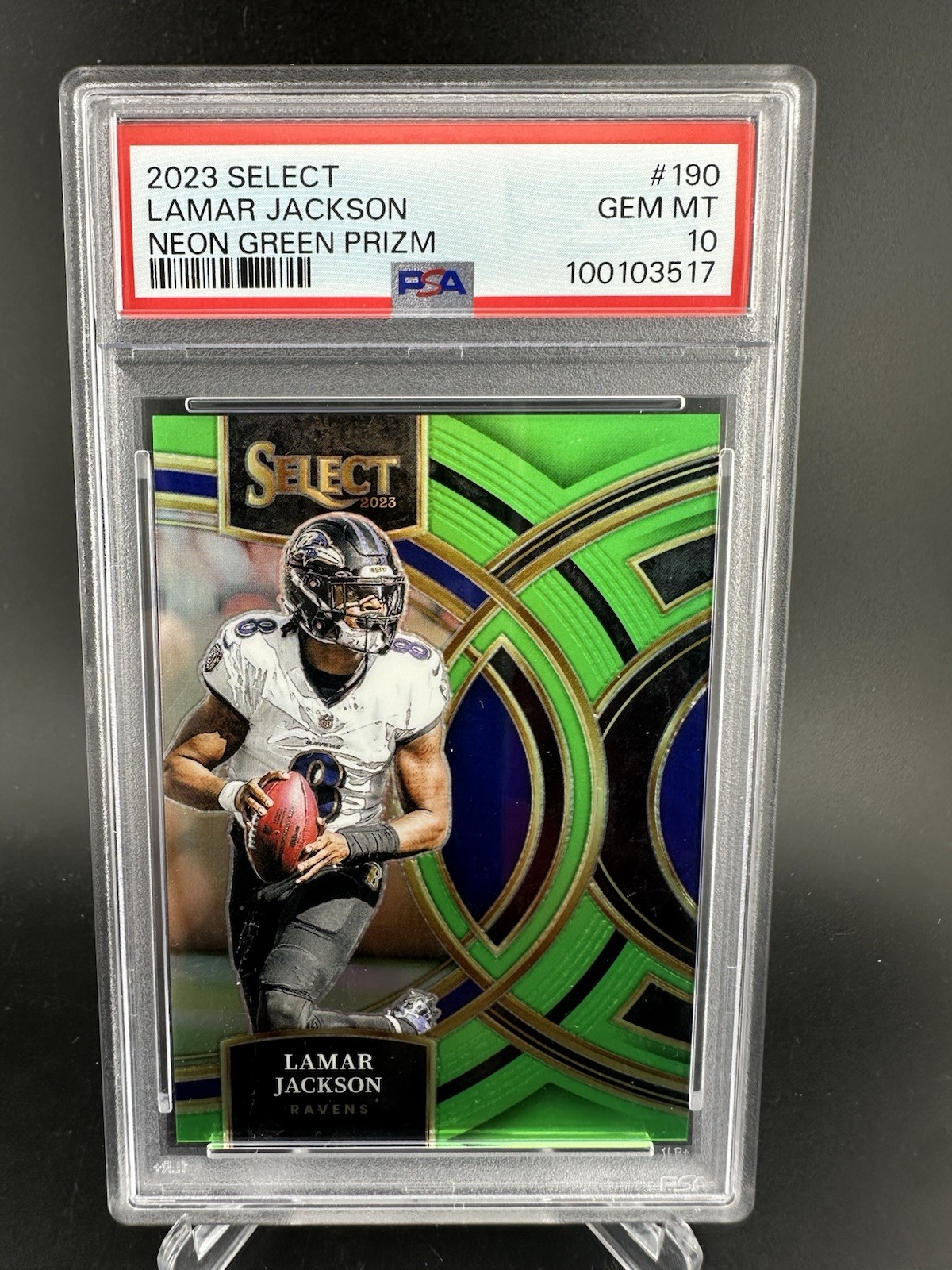 Lamar Jackson 2023 Panini Select #190 Neon Green Prizm PSA 10 Ravens /499 SP