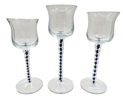 SET 3 Art Glass Blue Spiral Diamond Stem Candle Holder 7 1/2'' Tulip Deco TM11
