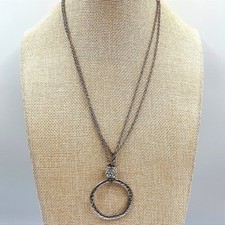 Vintage Silver Tone Hammered Hoop Pendant Necklace Rhinestone Slide Y2K Retro