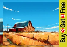 Rustic Barn Landscape, Impasto Painting Print 5"x7" on Matte Paper