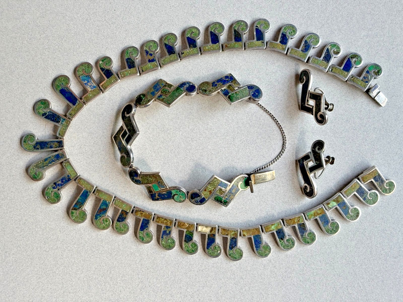 Vintage Los Castillo Mosaica Azteca 208 sterling silver native-stone jewelry set