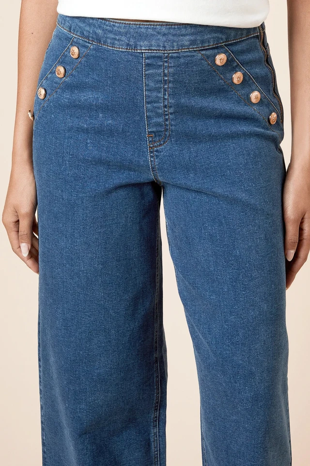 Dorothy Perkins Womens Jeans Blue Wide Leg Military Button Detail Cotton - Image 3 of 4