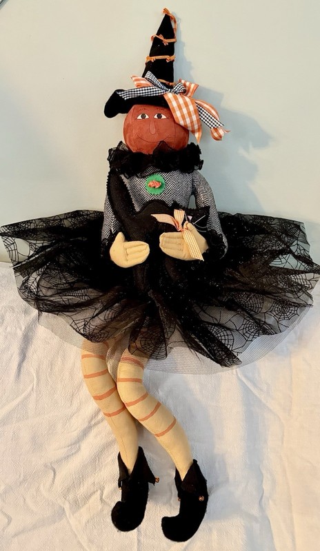 Tall Halloween Decor Cloth Shelf Sitter Pumpkin Head Witch Doll & Black Cat 32”