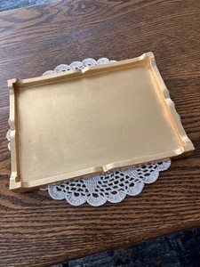 Vintage Hollywood Regency Gold Gilt Scalloped Edge Rectangle Lucite Vanity Tray