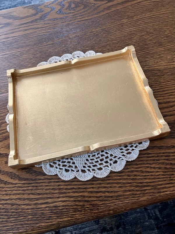 Vintage Hollywood Regency Gold Gilt Scalloped Edge Rectangle Lucite Vanity Tray