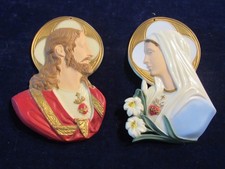 Vtg Sacred Heart Jesus  Mary Religious Wall Hanging Hard Plastic 2 Plaques ZZ25
