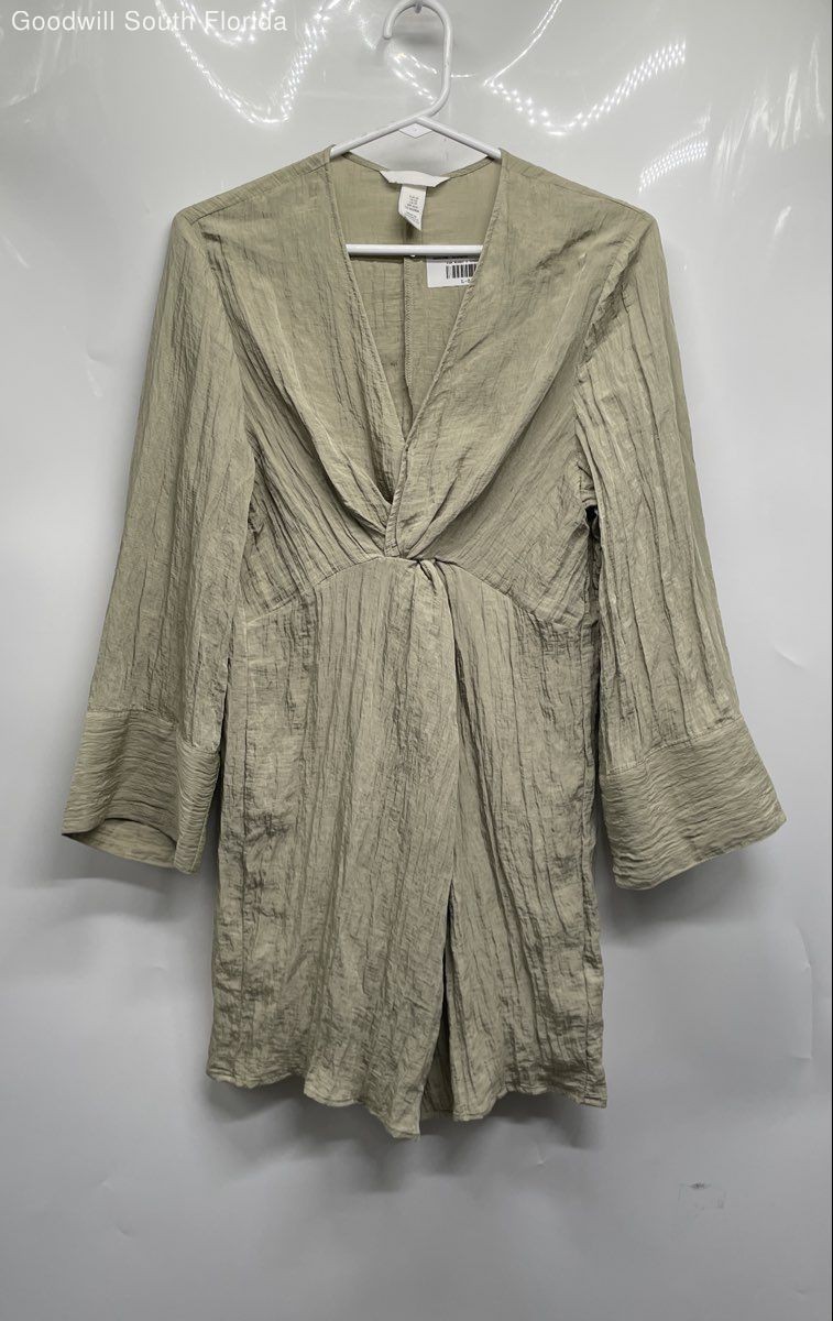 H&M Womens Green Mama Crinkled Weave Long Sleeve Short A-Line Dress Size XS