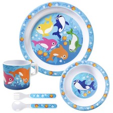 5 Pc Mealtime Set for Kids - Shark Theme -Includes Raised Edge Plate Bowl, ...
