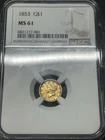 1853 1 $1 Liberty Head Gold Dollar Coin NGC MS61 Really Nice Original Pre 1933